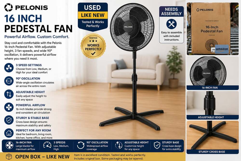 Pelonis 16-Inch Pedestal Fan, Model PFS40M2ABB, Oscillating Standing Fan